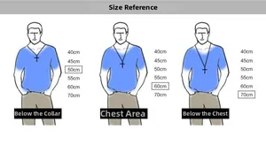 Size chart showing necklace lengths from 40cm to 70cm on male models for reference