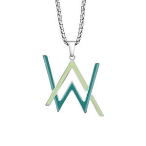 Close-up of Alan Walker logo pendant in green enamel and silver stainless steel necklace