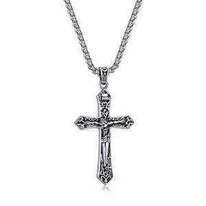 Vintage Stainless Steel Crucifix Jesus Cross Pendant Necklace Retro Distressed Gothic Relief Religious Jewelry For Men Women