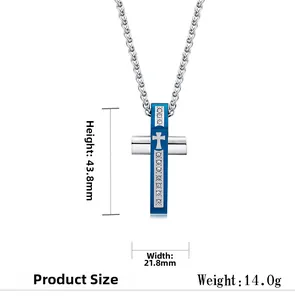 Pendentif croix pour homme en acier inoxydable bleu avec zircones et dimensions exactes