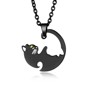 Interlocking Cat Couple Pendant Necklace Stainless Steel Animal Puzzle Jewelry For Lovers Dating Valentine's Day Gift Black Silver