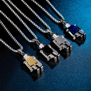 Robot pendant necklaces in gold, silver and blue finishes with detailed industrial design