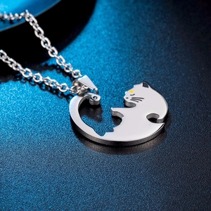 Polished silver titanium steel cat couple necklace with hollow silhouette pendants