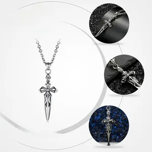 Detailed relief carving on vintage Roman gladius sword and cross necklace pendant