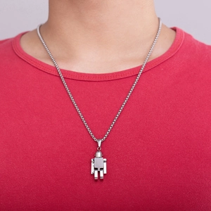 Polished titanium steel robot pendant on square chain shown on neck for scale
