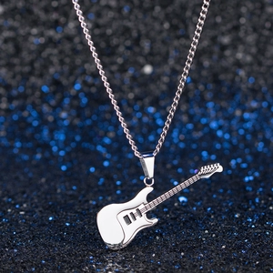 Titanium steel electric guitar pendant necklace with intricate silver musical instrument details