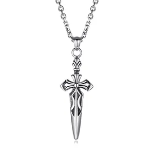 Vintage Gothic Stainless Steel Sword Cross Pendant Necklace For Men Women Punk Retro Dagger Jewelry Gift