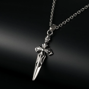 Gothic silver stainless steel sword cross pendant necklace with polished finish on black