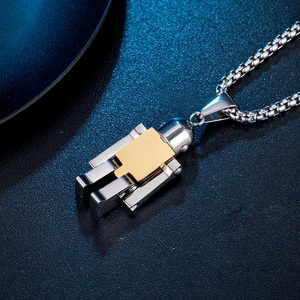 Polished titanium steel robot pendant necklace with gold accent in hip hop style