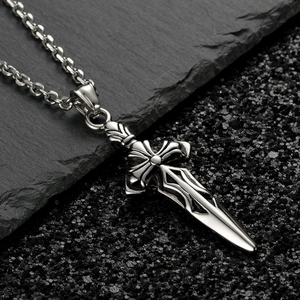 Gothic vintage stainless steel rapier sword cross pendant necklace in silver finish