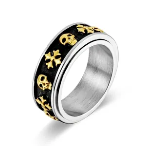Anello Girevole Gotico Realizzato In Acciaio Inossidabile Con Rilievo Di Teschio E Croce Placcato Oro Gioielli Hip Hop Punk Da Uomo
