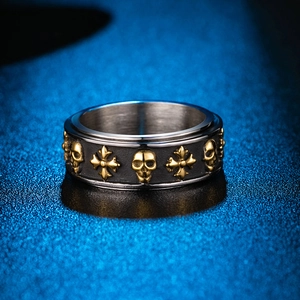 Anello punk rotante teschio e croce in acciaio inossidabile nero e oro