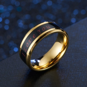 Gold stainless steel temperature ring with I Love You engraving on a black band