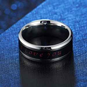 Temperature sensitive stainless steel ring with black enamel and red I Love You text