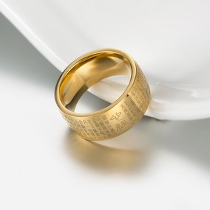 Gold stainless steel Heart Sutra ring with Buddhist scripture laser engraving on band