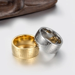 Polished gold and silver stainless steel Buddhist rings with engraved Heart Sutra