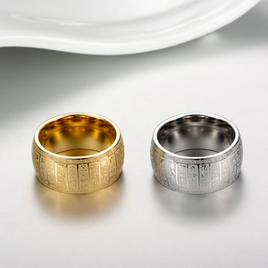 Vintage titanium steel ring with Buddhist scripture engraving in gold and silver finish