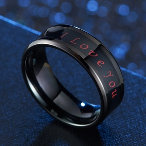Black temperature sensitive stainless steel ring with red I love you engraving for lovers