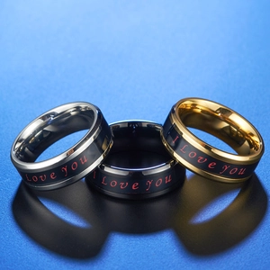 Three-piece stainless steel mood ring set in silver black and gold with I Love You text