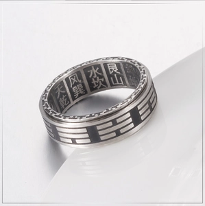 Vintage silver Tai Chi Yin Yang ring with Bagua symbols and Chinese character engravings