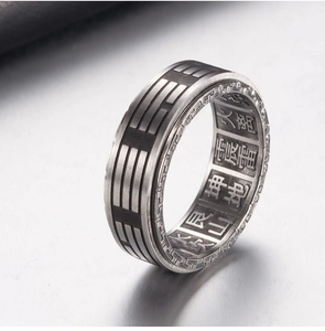 Vintage rotating stainless steel Tai Chi Bagua ring with ancient Taoist elements