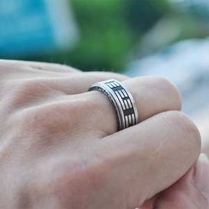 Vintage stainless steel Tai Chi Yin Yang ring featuring Bagua patterns for men and women