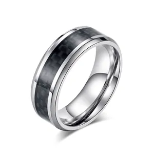 Men's Fashion Stainless Steel Carbon Fiber Ring Hip Hop Polished Mirror Finish Geometric Finger Ring For Teens Unisex Jewelry
