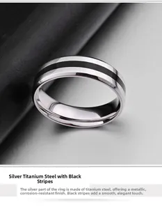 Vue macro d'une bague en acier titane poli avec rayures noires et double biseau