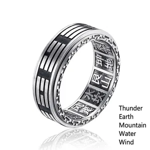 Vintage Stainless Steel Spinner Ring For Men Women Tai Chi Yin Yang Bagua Symbols Rotating Band Ring Antique Finish Ethnic Jewelry