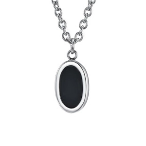 Macro shot of oval black onyx pendant with polished silver steel chain and metal trim