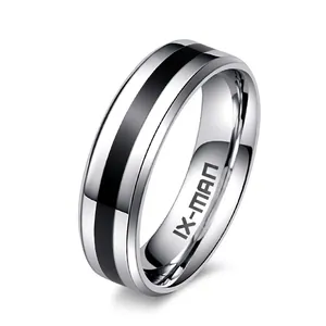 Bague pour Homme en Acier Inoxydable 6mm Poli Miroir Anneau Rayure Noire Bord Biseauté Bijoux de Mode Quotidienne