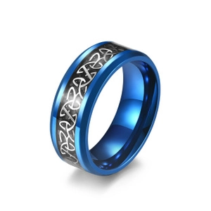 Detail view of blue stainless steel ring with black carbon fiber and silver Celtic knot pattern