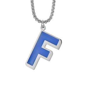 Close-up of silver box chain with a vibrant blue enamel F-shaped letter pendant