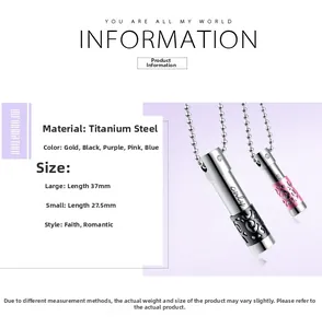 Detailed size specifications for couple perfume bottle necklaces in black and pink finishes