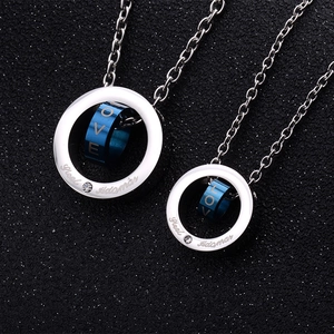 Herren Titanstahl Halskette mit Doppelring Anhänger blaue Love Gravur und kleiner Diamant