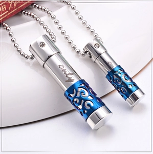 Couples perfume bottle necklace with blue scroll patterns and clear crystal inlays