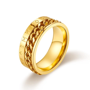 Anillo Vikingo giratorio de acero inoxidable chapado en oro 18K con cadena y grabados