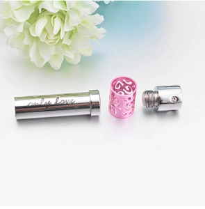 Polished silver perfume bottle necklace pendant with pink filigree and only love engraving
