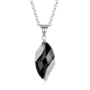 Leaf-shaped necklace pendant with faceted black agate stone in a silver stainless steel frame