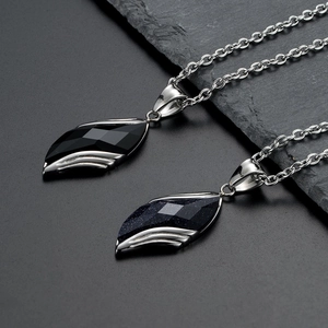 Minimalist leaf-shaped pendant necklaces with black onyx and blue goldstone in silver finish