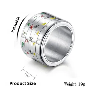Détail de la bague rotative de 15mm en acier inoxydable avec symboles spirituels