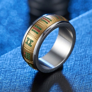 Macro shot of rotatable stainless steel mahjong ring with gold brushed center detail