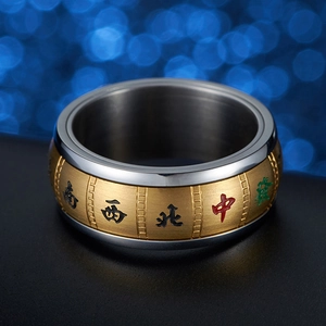 Close-up of rotatable stainless steel ring with colorful Chinese Mahjong characters