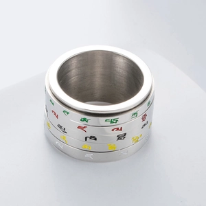 Vue macro d'une bague rotative en acier titane avec mantras bouddhistes en cinq couleurs