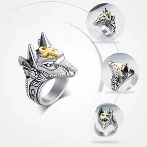 Détails de la bague Anubis en acier inoxydable avec symbole Ankh doré et finition vintage