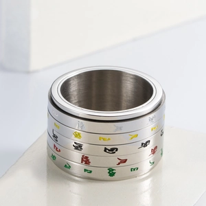 Bague rotative en acier inoxydable avec caractères religieux gravés en couleurs