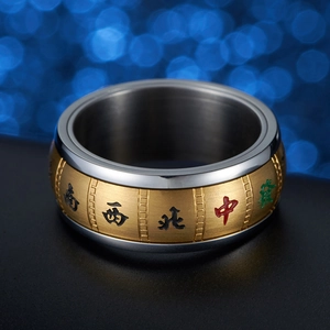 Rotating Mahjong ring in silver and brushed gold stainless steel with colorful characters