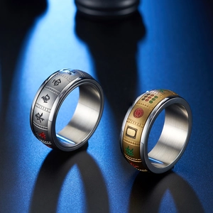 Spinner mahjong ring set in gold and silver stainless steel with engraved tiles