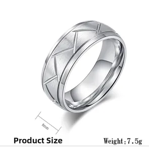 Detail shot of 8mm wide brushed black steel ring with geometric lattice pattern and dimensions