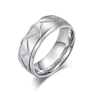 Men's Brushed Stainless Steel Ring Black Silver Geometric Pattern Matte Finish Comfort Fit Band Ring Streetwear Fashion Jewelry